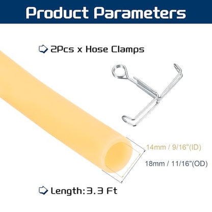 PATIKIL 3.3 Ft(1M) Natural Latex Rubber Tubing, 9/16"(14mm) ID x 11/16"(18mm) OD Sling Shot Rubber Tubing Tube with Hose Clamps for Exercise, Stretching, Laboratory, Home Hose Tube - size: 14mm ID x 18mm OD