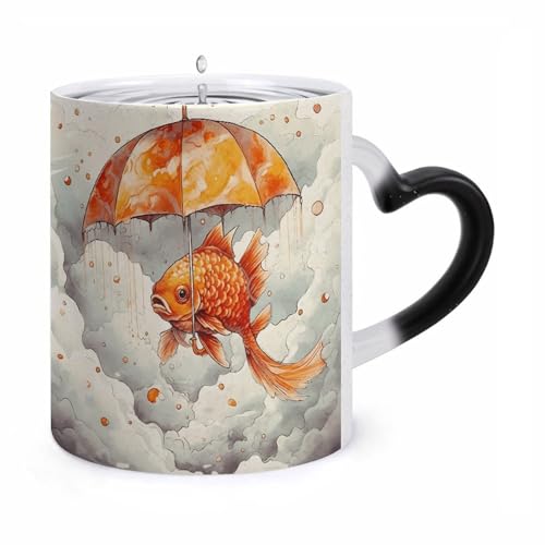 Fish Umbrella Color Changing Mug Heat Sensitive Coffee Mug Magical Ceramic Coffee Cup Personalized Tea Cup Message Appears As It Heats Novelty Gift for Family Friend