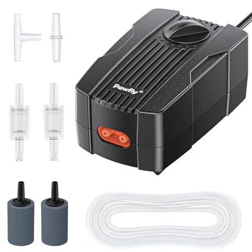 Pawfly Aquarium Air Pump Oxygen Pump for 10-200 Gallon Fish Tanks Buckets Dual Outlet Adjustable Ultra Quiet Aerator Pump with Accessories - size: 10-60 gal (With Kit)