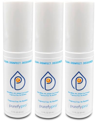 Purefypro Sports Equipment Disinfectant Spray - (1.7oz, 3pk) TSA Travel Size. Kills 99.9999% MRSA, HIV, Athlete Foot Fungus, Virus and Fungi. No Rinse, No Residue. Great For Sports Pads, Yoga Mats,