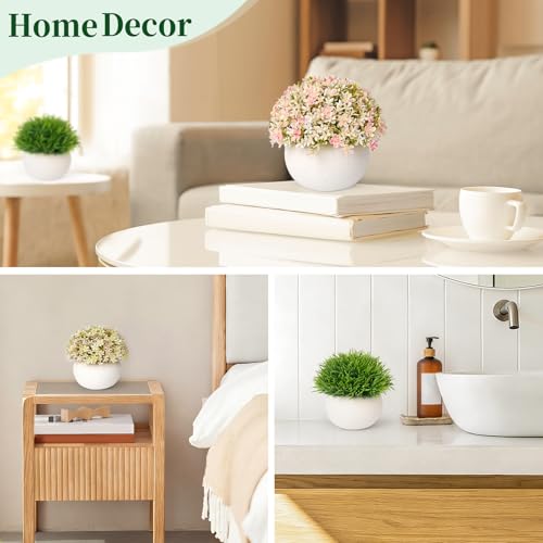 Fake Plants-3-Pack Mini Artificial Pulp Pot Decor, 2 Lilac Flower Balls & 1 Grass, No Maintenance for Desk Bathroom Home Office Shelf