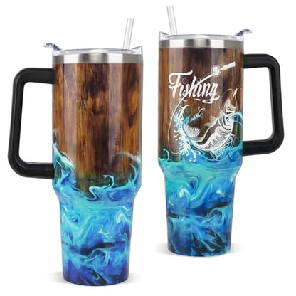 Fishing Tumbler Gifts for Papa Dad Husband Fisherman Fathers Day,Anniversary,Christmas,Birthday Fish Cup Coffee Travel Mug with Handle and Straw-40 oz Wood Grain Fishing(1PCS)