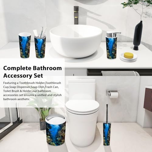 Bathroom Accessory Set 6PCS Sentosa Aquarium Trash Can, Soap Dispenser, Toothbrush Holder, Toothbrush Cup, Toilet Brush Holder, Soap Dish for Gift