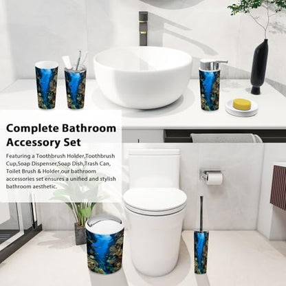 Bathroom Accessory Set 6PCS Sentosa Aquarium Trash Can, Soap Dispenser, Toothbrush Holder, Toothbrush Cup, Toilet Brush Holder, Soap Dish for Gift