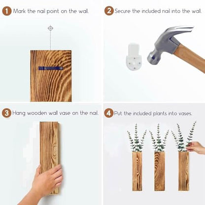 Wall Vases Set of 3 with Artificial Plants Wooden Hanging Planter Vases for Farmhouse, Modern & Rustic Home Decor Living Room, Bedroom, Kitchen, Office Decoration with Faux Greenery