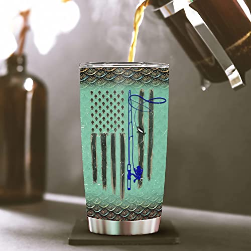 WAZONE Fishing Insulated Tumbler Cup 20oz American Flag Vacuum Travel Mug Stainless Steel Born To Fish Forced To Work Funny Gifts Birthday Presents Christmas for Dad Men Fisherman