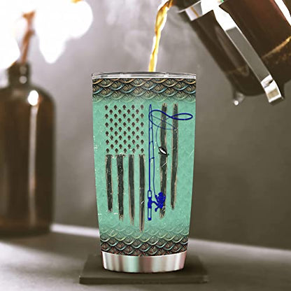 WAZONE Fishing Insulated Tumbler Cup 20oz American Flag Vacuum Travel Mug Stainless Steel Born To Fish Forced To Work Funny Gifts Birthday Presents Christmas for Dad Men Fisherman