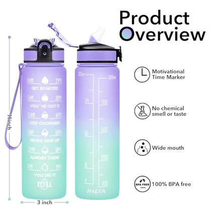 Hyeta Water Bottle with Straw & Time Marker, Plastic 32oz Leakproof - color: Light Purple Green