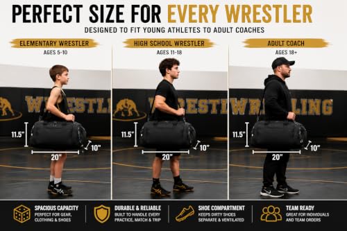 Personalized Wrestling Duffel Bag with Shoe Compartment – Custom Name Wrestling Gear Bag – Athlete Gym Bag for Boys & Girls – Team Travel Sports Duffel with Separate Shoe Pocket - color: Black, style: Wrestling