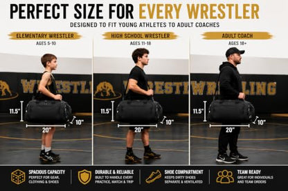 Personalized Wrestling Duffel Bag with Shoe Compartment – Custom Name Wrestling Gear Bag – Athlete Gym Bag for Boys & Girls – Team Travel Sports Duffel with Separate Shoe Pocket - color: Black, style: Wrestling