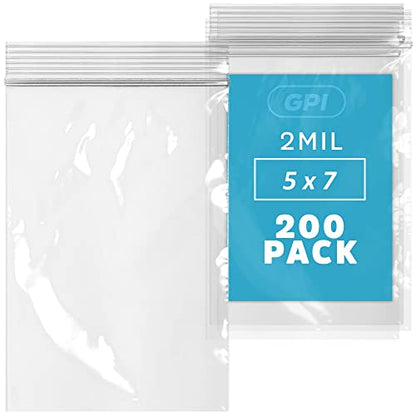5" x 7" Zip Bags - 200 Count, Small, Clear Plastic Reclosable Zipper Poly Baggies, 2 Mil, with Resealable Zip Top Lock for Packaging Food Storage, Snacks, Candy, Office Supplies & More.