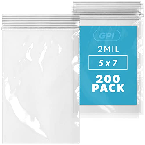 5" x 7" Zip Bags - 200 Count, Small, Clear Plastic Reclosable Zipper Poly Baggies, 2 Mil, with Resealable Zip Top Lock for Packaging Food Storage, Snacks, Candy, Office Supplies & More.