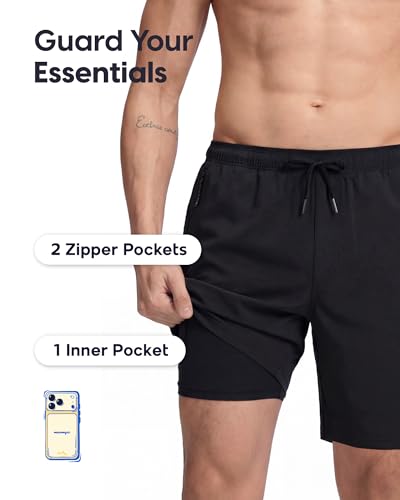 maamgic Mens Swim Trunks 9 Inch Compression Liner Quick Dry Board Shorts - color: Black, size: Large