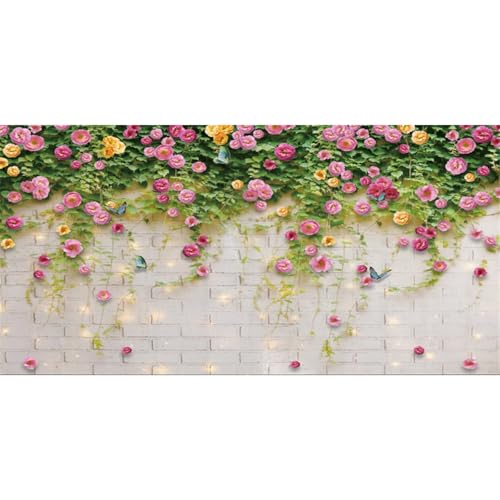 AWERT 24x12 inches Glitter White Brick Wall Aquarium Background Pink Flowers Plant Leaves Spring Garden Scenery Fish Tank Background Reptile Habitat Background Vinyl Background - size: 24x12in/60x30cm