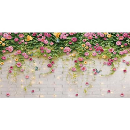 AWERT 48x20 inches Glitter White Brick Wall Aquarium Background Pink Flowers Plant Leaves Spring Garden Scenery Fish Tank Background Reptile Habitat Background Vinyl Background