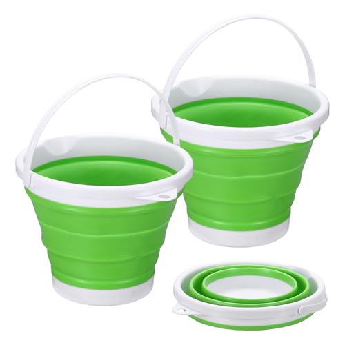 uxcell 2 Pcs Collapsible Bucket, 0.8 Gallon (3L) Small Foldable Bucket, Portable Water Pail Round Tub Cleaning Tools with Handle for RV Camping Household Garden Fishing Car Wash, Green