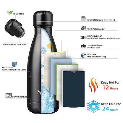 Konokyo 12 oz Insulated Stainless Steel Water Bottle, Midnight Black - color: Midnight Black, size: 12 Ounces