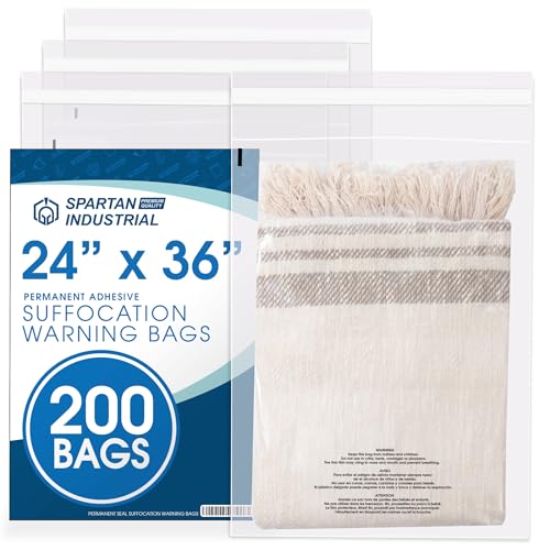 Spartan Industrial - 24" X 36" (200 Count) Self Seal Clear Poly Bags with Suffocation Warning for Packaging, Shipping - Permanent Adhesive - size: 24" x 36"