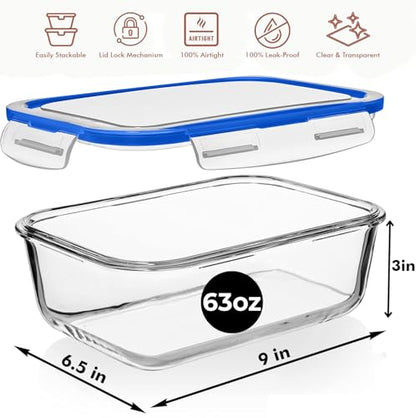 Razab 4 PC 1860ml / 63 Oz / 8 Cups Large Glass Food Storage Containers with Lids - Glass Meal Prep Containers for Roasting & Storing Leftover, Lunch Container with Lids, Microwave & Oven Safe - color: Blue