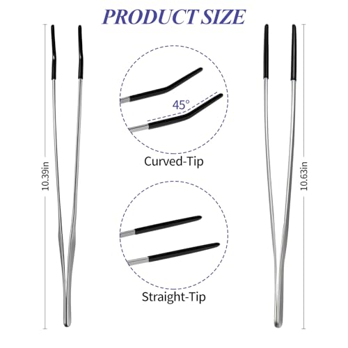 2PCS Reptile Feeding Tongs,10.6" Extra Long Stainless Steel Tweezers with Rubber Tips, Bearded Dragon Lizards Aquarium Straight and Curved Long Tweezers for Snake Feeding, Terrarium, Aquarium(Silver)
