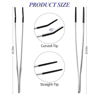 2PCS Reptile Feeding Tongs,10.6" Extra Long Stainless Steel Tweezers with Rubber Tips, Bearded Dragon Lizards Aquarium Straight and Curved Long Tweezers for Snake Feeding, Terrarium, Aquarium(Silver)