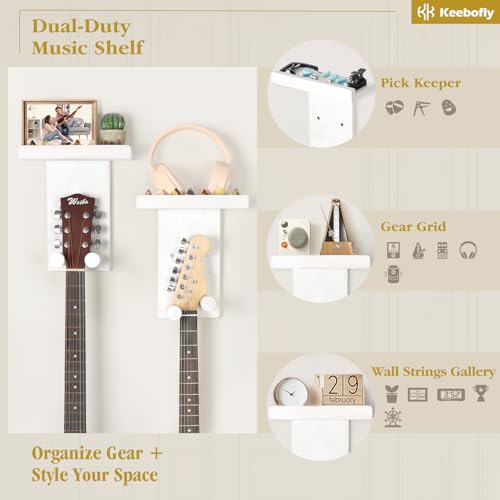 Keebofly Guitar Wall Mount 3-Pack - Rustic Wood Guitar Hanger with Pick Holder for Acoustic, Electric, Bass Guitars & Ukulele (Matte White, Screw-Mounted) [Patented] - color: 3 Pack_White