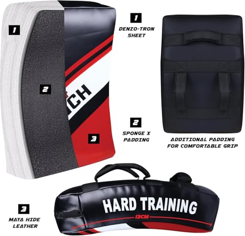 Muay Thai Kick Shield, Leather Kick Pad with Curved Shape & Thick Padding for MMA, Boxing & Martial Arts Training - color: Red