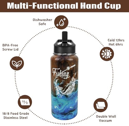 Fishing Water Bottle with Straws Fish Insulated Water Bottle Gifts for Men Dad Papa Husband Fisherman Fathers Day,Anniversary,Christmas,Birthday Travel Thermal Double Walled Vacuum Cup-32 oz - color: brown fishing