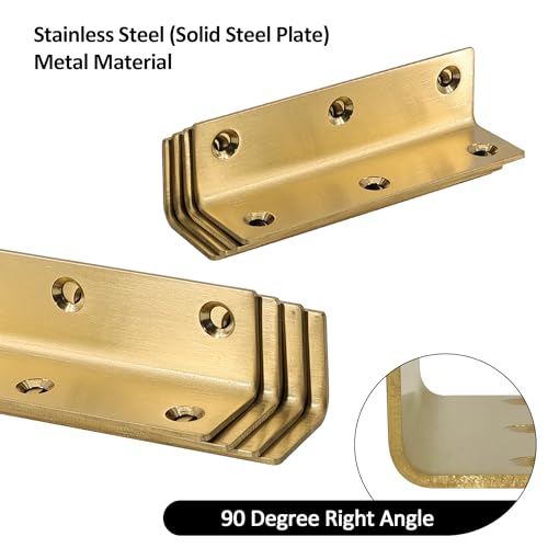 L Bracket, Heavy Duty Corner Brace, 4 Pack 4 Inch Stainless Steel Shelf Bracket Angle Bracket for Shelves, Gold Metal Braces for Wood, 100mm Overall Length - size: 4 Inch, style: Gold 4 Pack