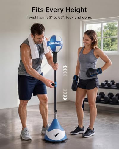 MERACH Punching Bag with Stand, 8 Suction Cups 53-62 Height Adjustable | Stress Relief, Sand Filled Base, Carbon Steel Spring, Fast Rebound, Easy Assembly, Home Gym Boxing Equipment (Blue & White)