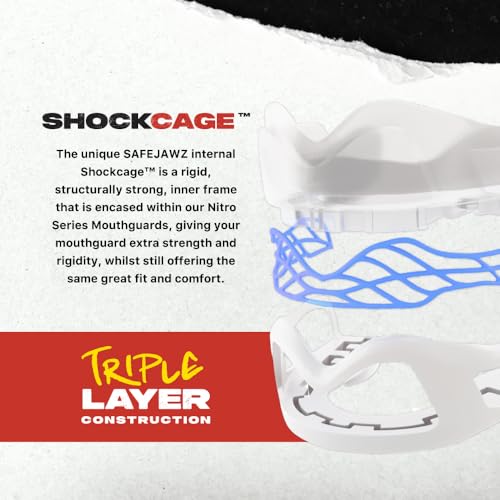 SAFEJAWZ Sports Mouth Guard Triple Layer Premium Protection with Shock-Cage | Adult 12+ Years, WhiteGum Shield with Case, Easy Fit Remouldable, Anti Gag, Rugby, Boxing, MMA, Hockey, Contact Sports - color: White