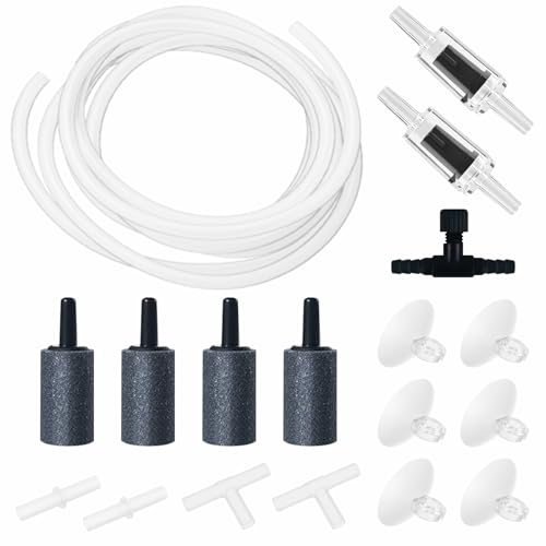 Aquarium Air Pump Accessories Kit with Standard Tubing, 4pcs Air Stones, 2pcs Check Valves, 6pcs Suction Cups, 4pcs Connectors, T Shape Control Valve (10 Ft. Tubing Kit)