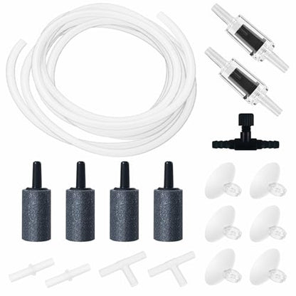 Aquarium Air Pump Accessories Kit with Standard Tubing, 4pcs Air Stones, 2pcs Check Valves, 6pcs Suction Cups, 4pcs Connectors, T Shape Control Valve (10 Ft. Tubing Kit)