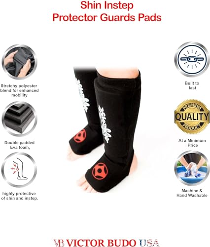 Muay Thai MMA Kickboxing shin Guards, Instep Guard Sparring Protective Leg shin Kick Pads for Adults Kyokushin and Non Kyokushin Versions - size: Large