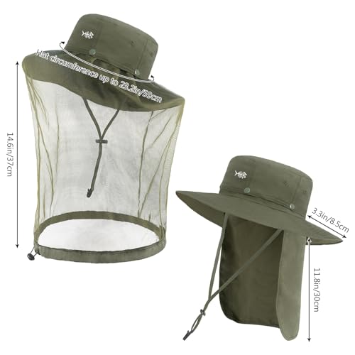 BASSDASH UPF 50+ Mosquito Sun Hat with Hidden Head Net and Neck Flap for Men Women Outdoor Fishing Hiking Camping - color: Army Green