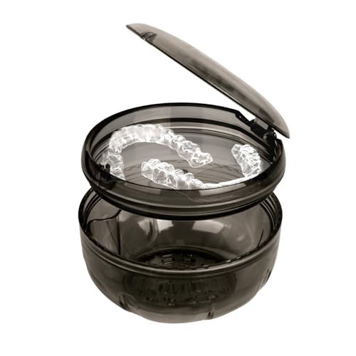 Retainer Cleaner Case,Double Layer Denture Cup for Soaking - color: Black