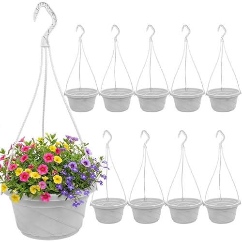 DOITOOL 10 Pack Hanging Plastic Pots for Plants with Hook, Garden Flower Plant Pot Container Baskets Hanging Nursery Planter Holder for Indoor Outdoor Garden Decor (White,6.7 Inch) - color: White