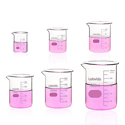 Upgrated 6 Size Low Form Glass Beaker Set, 25ml 50ml 100ml 250ml 500ml 1000ml, 3.3 Boro Glass beakers with Printed Graduation, LVA019