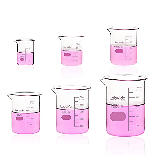 Upgrated 6 Size Low Form Glass Beaker Set, 25ml 50ml 100ml 250ml 500ml 1000ml, 3.3 Boro Glass beakers with Printed Graduation, LVA019