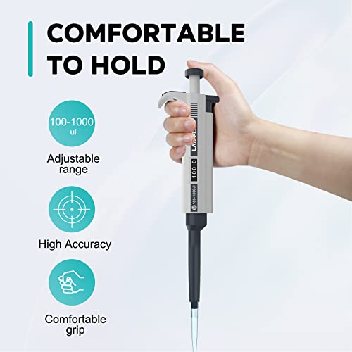 LAB FISH Laboratory Micropipette 100-1000ul Capacity Range High Accurate Single Channel Pipettor Manual Adjustable Volume Pipettes Increment 5ul with 200pcs 1000ul Pipette Tips Set - style: 100-1000ul Set
