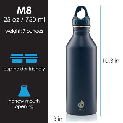 Mizu M8 - 25 oz. Single Wall Narrow Mouth Stainless Steel Bottle with Loop Cap - color: Midnight