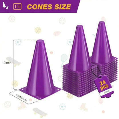 24pcs Cones 9 Inch Soccer Cones and Plastic Traffic Cones, Durable Cones for Sports Training, Ideal for Soccer, Basketball, Football, Skating, and Agility Drills Practice - color: purple