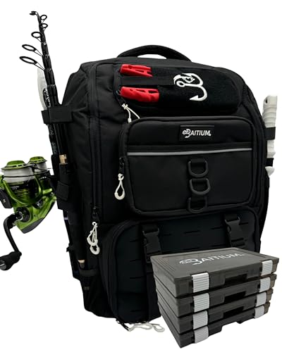 Baitium Fishing Backpack, Tackle Bag With Rod Holders, 40L Capacity With Cooler, Rain Cover, Insulated Pocket, 4 Tackle Trays Included (Jet Black) - color: Jet Black