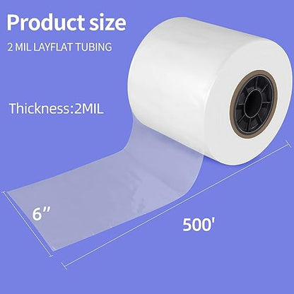 Poly Tubing Roll, Lay Flat Poly Tube Bags, Food-Grade Polyethylene, Custom Poly Bag Packaging Solution, 6 Inches x 500 Feet, 2-Mil Thickness, 1 Roll (6" x 500' 2 Mil, Clear) - size: 6" x 500' 2 Mil