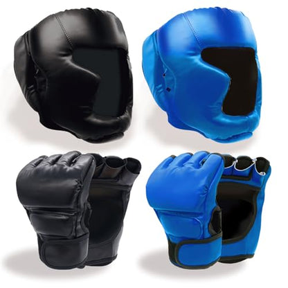 Boxing Gloves and Headgear Set for Adults 2 Pair Gloves and 2 Head Guards - color: BlackBlue