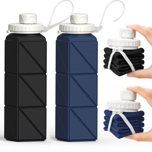 BEAUTAIL Collapsible Water Bottles 21oz/610mL, Silicone Travel Water Bottle | BPA Free, Leakproof & Reusable, Foldable Water Bottle for Traveling, Hiking, School, Sports, Outdoor, 2-Pack, Black+DarkBlue - color: Black+Dark Blue