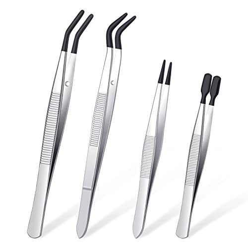 DragonflyDreams 4 Pieces Tweezers with Rubber PVC Coated Set, Straight Tip Tweezers Rubber Flat Tip Long Bent Tweezer for Crafts Stamps Beads Jewelry Tools (Rubber Tweezer)