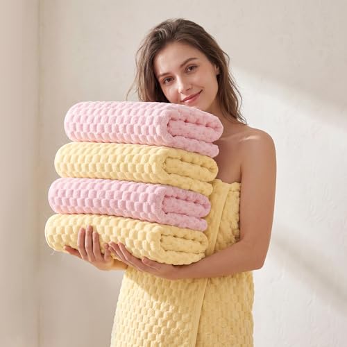 REDKISS 4 Pack Microfiber Bath Towels, Quick Dry, Super Soft, 27"x55" - color: Pink+yellow, size: 27"x55" Bath Towels