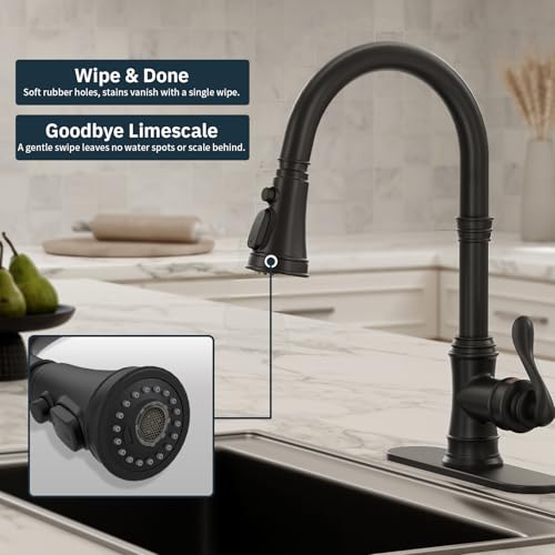 BWE Black Kitchen Faucet with Pull Down Sprayer, Solid Brass High Arc Single Handle Sink Faucet for Farmhouse Kitchen, 3 Spray Modes