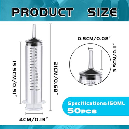 50 Pcs 150ml Large Syringes Bulk Individual Sealed Plastic Garden Syringe to Use Clean for Liquid Lip Gloss Paint Oil Measuring Filtration Watering Plant Refilling Feeding Industrial Use - size: 150 ml